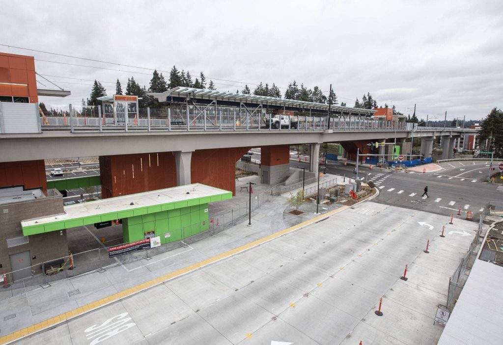 The Mountlake Terrace Light Rail station on Thursday, April 4, 2024 in Mountlake Terrace, Washington. (Olivia Vanni / The Herald)
The Mountlake Terrace Light Rail station on Thursday, April 4, 2024 in Mountlake Terrace, Washington. (Olivia Vanni / The Herald)