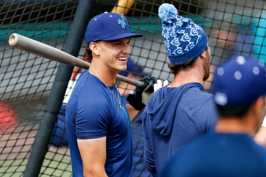 The Everett AquaSox practice Tuesday, April 2, 2024, at Funko Field in Everett, Washington. (Ryan Berry / The Herald)
