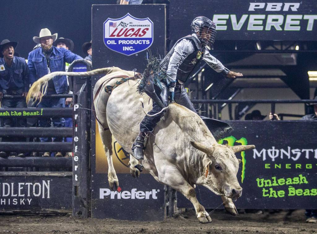 Keyshawn Whitehorse moves with the bull Tijuana Two-Step to stay on during PBR Everett at Angel of the Winds Arena on Wednesday, April 17, 2024 in Everett, Washington. (Olivia Vanni / The Herald)