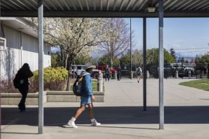 Students make their way through a portion of a secure gate a fence at the front of Lakewood Elementary School on Tuesday, March 19, 2024 in Marysville, Washington. Fencing the entire campus is something that would hopefully be upgraded with fund from the levy. (Olivia Vanni / The Herald)