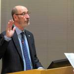 Mike Rosen is sworn in as the Mayor of Edmonds during an Edmonds City Council meeting Tuesday, Jan. 2, 2024, at the City Council Chambers in Edmonds, Washington. (Ryan Berry / The Herald)