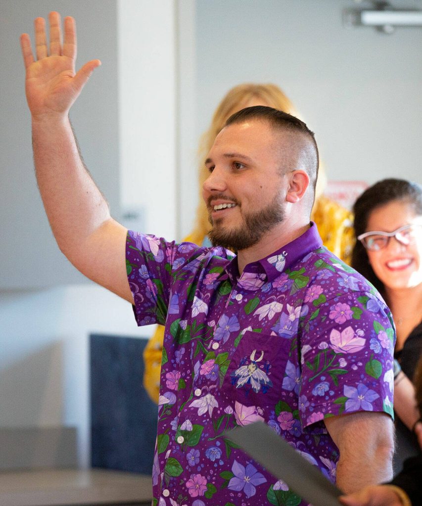 Finalist Nathanael Engen is recognized during the 2024 Snohomish County Emerging Leaders Awards Presentation on Wednesday, April 17, 2024, in Everett, Washington. (Ryan Berry / The Herald)