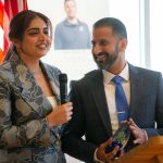Co-founders of Symmetria Integrative Medical Lavleen Samra-Gill and Dr. Baljinder S. Gill accept the inaugural Emerging Business Award during the 2024 Snohomish County Emerging Leaders Awards Presentation on Wednesday, April 17, 2024, in Everett, Washington. (Ryan Berry / The Herald)