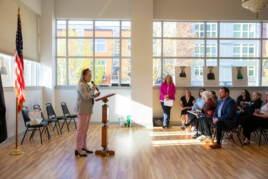 2023 winner Hayley Statema speaks during the 2024 Snohomish County Emerging Leaders Awards Presentation on Wednesday, April 17, 2024, in Everett, Washington. (Ryan Berry / The Herald)