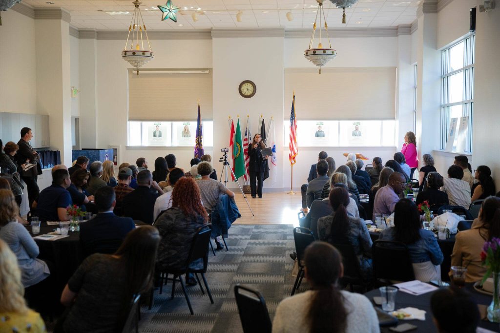 Award winner Simreet Dhaliwal speaks to a packed room during the 2024 Snohomish County Emerging Leaders Awards Presentation on Wednesday, April 17, 2024, in Everett, Washington. (Ryan Berry / The Herald)