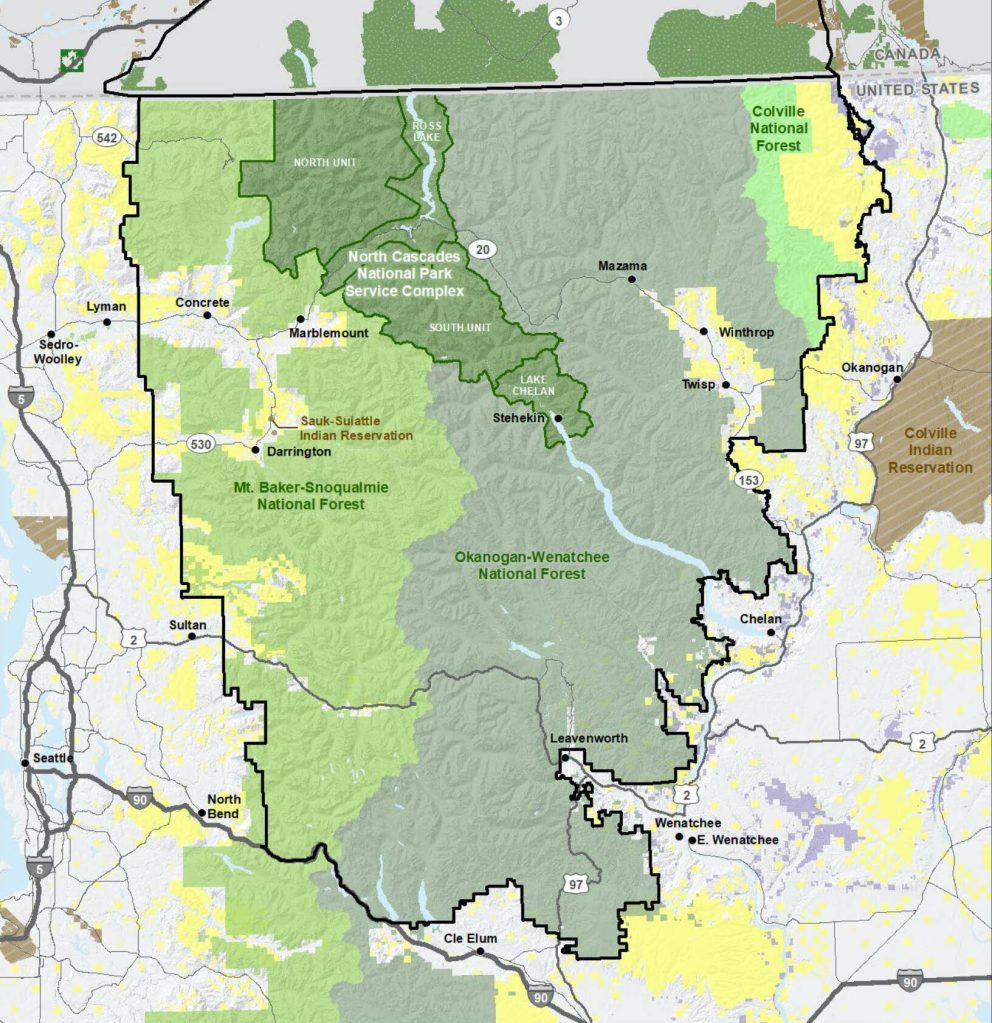 The North Cascades ecosystem is 9,800 square miles and encompasses portions of seven Washington counties. (National Park Service and U.S. Fish and Wildlife Service)