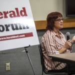 Shannon Goforth, executive director of Sound Pathways, speaks during a homelessness forum sponsored by The Daily Herald at the Mukilteo Library on Thursday, April 11, 2024, in Mukilteo, Washington. (Annie Barker / The Herald)