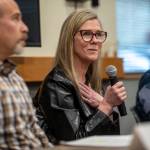 Donna Moulton, the CEO of Housing Hope, speaks during a homelessness forum sponsored by The Daily Herald at the Mukilteo Library on Thursday, April 11, 2024, in Mukilteo, Washington. (Annie Barker / The Herald)