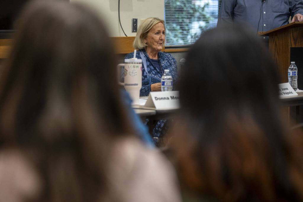Mary Jane Brell Vujovic speaks during a homelessness forum sponsored by The Daily Herald at the Mukilteo Library on Thursday, April 11, 2024, in Mukilteo, Washington. (Annie Barker / The Herald)