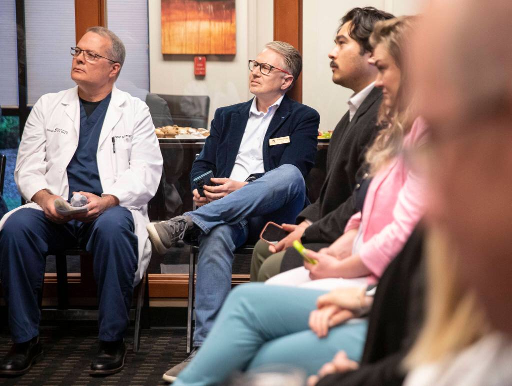 Mill Creek Mayor Brian Holtzclaw attends an event announcing Washingtons first availability of the most advanced nonsurgical treatment for nonmelanoma skin cancer on Wednesday, April 17, 2024 in Mill Creek, Washington. (Olivia Vanni / The Herald)