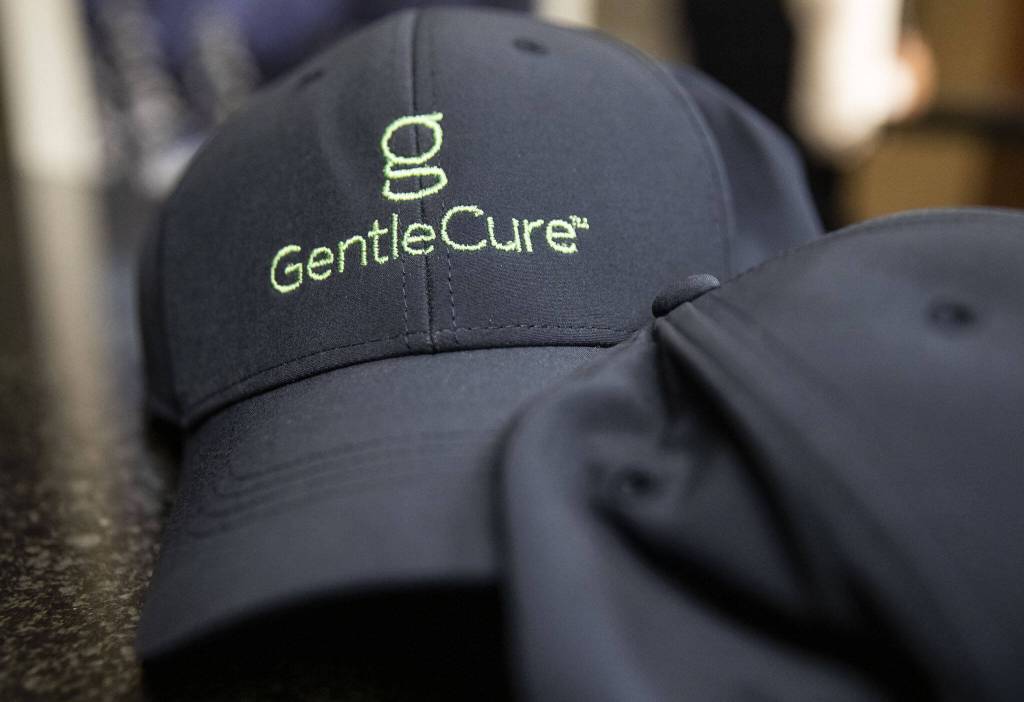 GentleCure hats on display on Wednesday, April 17, 2024 in Mill Creek, Washington. (Olivia Vanni / The Herald)