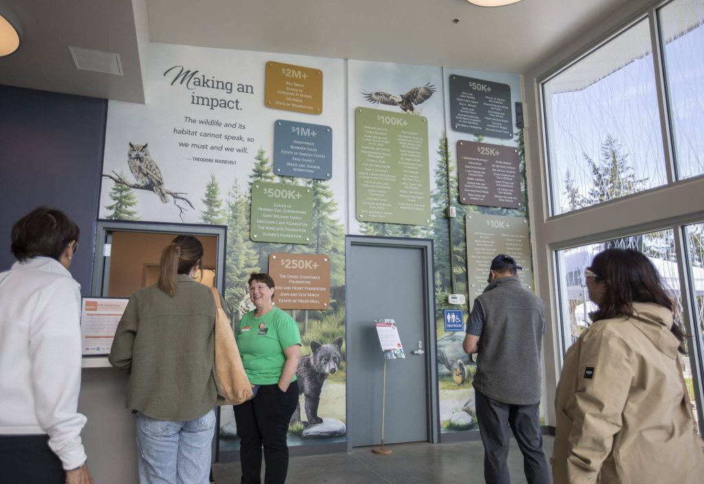 Inside the main entrance and lobby of the new PAWS Wildlife Center on Saturday, April 20, 2024 in Snohomish, Washington. (Olivia Vanni / The Herald)