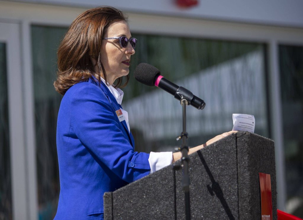 PAWS CEO Heidi Wills speaks at the grand opening of the new PAWS Wildlife Center on Saturday, April 20, 2024 in Snohomish, Washington. (Olivia Vanni / The Herald)