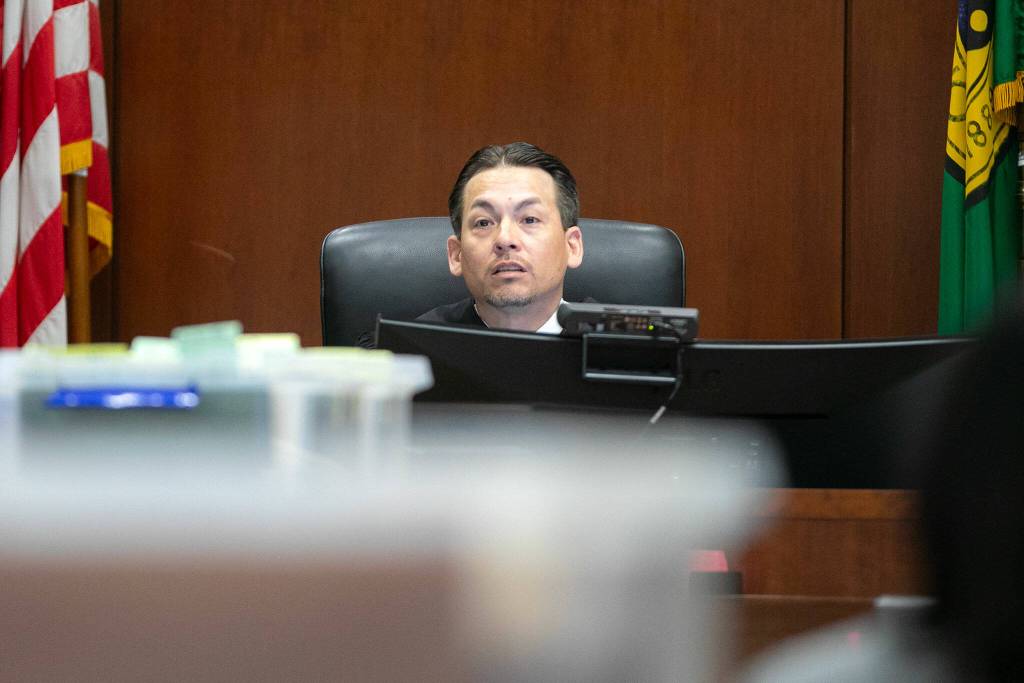 Judge William Steffener presides over the new trial of Jamel Alexander on Tuesday, April 16, 2024, at Snohomish County Superior Court in Everett, Washington. (Ryan Berry / The Herald)