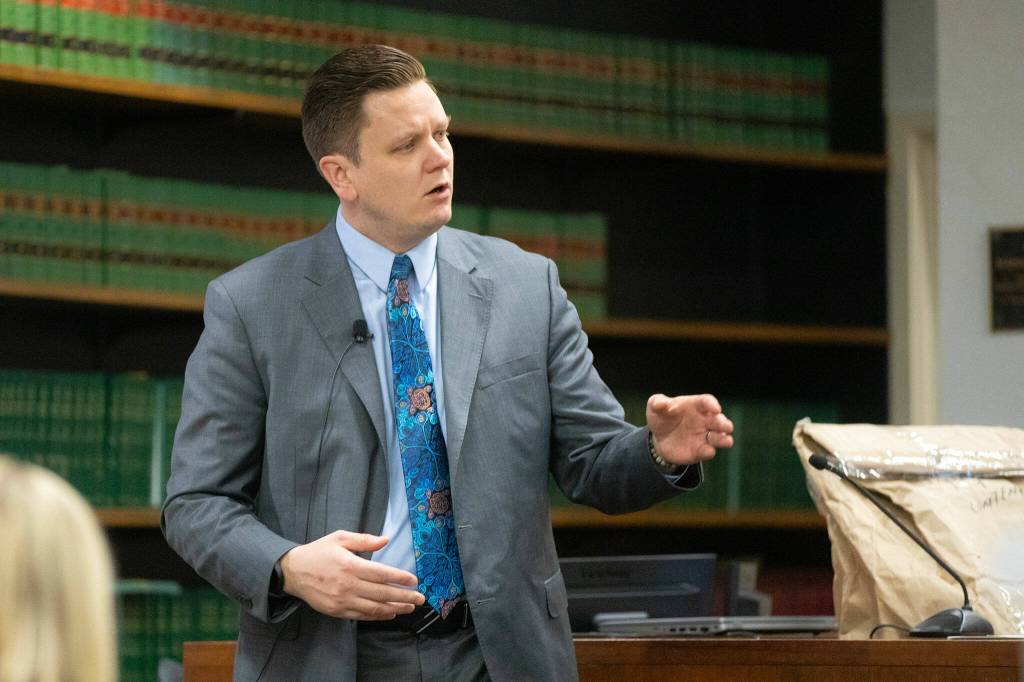Deputy prosecutor Bob Langbehn speaks to the jury during opening statements in the new trial of Jamel Alexander on Tuesday, April 16, 2024, at Snohomish County Superior Court in Everett, Washington. (Ryan Berry / The Herald)