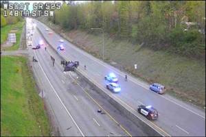 Police respond to a wrong way crash Thursday night on Highway 525 in Lynnwood after a police chase. (Photo provided by Washington State Department of Transportation)