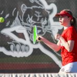 Snohomish's Morgan Gibson returns the ball in her match against Stanwood's Ryann Reep on Friday, April 12, 2024 in Snohomish, Washington. Gibson lost the first set 4-6 but rallied back to win 6-2 in the second and 6-0 in the third. The Panthers bested the Spartans 5-2. (Taras McCurdie / The Herald)