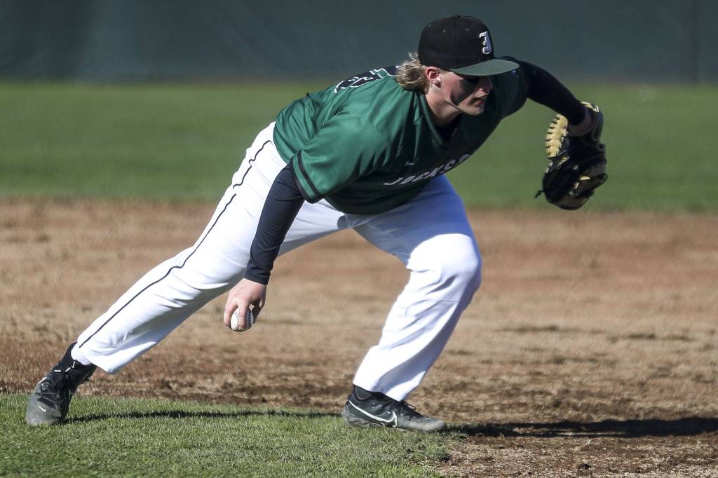 Jacksons Sam Craig (46) gets an out at first during a baseball game between Jackson and Glacier Peak at Glacier Peak High School on Tuesday, April 16, 2024 in Snohomish, Washington. Glacier Peak won 3-0. (Annie Barker / The Herald)