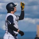 Glacier Peak’s Karsten Sweum (10) celebrates after a run during a baseball game between Jackson and Glacier Peak at Glacier Peak High School on Tuesday, April 16, 2024 in Snohomish, Washington. Glacier Peak won, 5-3. (Annie Barker / The Herald)