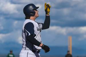 Glacier Peak’s Karsten Sweum (10) celebrates after a run during a baseball game between Jackson and Glacier Peak at Glacier Peak High School on Tuesday, April 16, 2024 in Snohomish, Washington. Glacier Peak won, 5-3. (Annie Barker / The Herald)