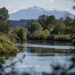 Snow is visible along the top of Mount Pilchuck from bank of the Snohomish River on Wednesday, May 10, 2023 in Everett, Washington. (Olivia Vanni / The Herald)