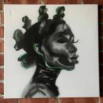 Work by Seattle artist Yolanda Galery hangs on one of the walls at Obsidian Beer Hall on Friday, April 12, 2024, in downtown Everett, Washington. (Ryan Berry / The Herald)