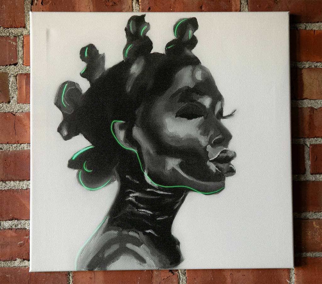 Work by Seattle artist Yolanda Galery hangs on one of the walls at Obsidian Beer Hall on Friday, April 12, 2024, in downtown Everett, Washington. (Ryan Berry / The Herald)