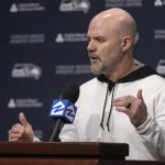 FILE - Seattle Seahawks NFL football offensive coordinator Ryan Grubb speaks to reporters during an introductory press conference, on Thursday, Feb. 15, 2024, in Renton. Seattle has seven picks entering this year’s draft, beginning with No. 16 overall in the first round. (AP Photo/Stephen Brashear, File)