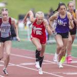 Stanwoods Mary Andelin takes off from the starting line in the girls 800 meters during the Eason Invitational at Snohomish High School on Saturday, April 20, 2024 in Snohomish, Washington. (Olivia Vanni / The Herald)