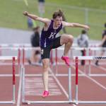 Kamiaks Miller Warme knocks over the final hurdle before crossing the finish line in the boys 300-meter hurdles during the Eason Invitational at Snohomish High School on Saturday, April 20, 2024 in Snohomish, Washington. (Olivia Vanni / The Herald)