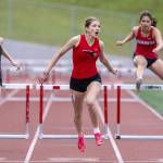 Mountlake Terraces Brynlee Dubiel reacts to her time after crossing the finish line in the girls 300-meter hurdles during the Eason Invitational at Snohomish High School on Saturday, April 20, 2024 in Snohomish, Washington. Dubiel placed fourth with a time of 46.85 seconds. (Olivia Vanni / The Herald)