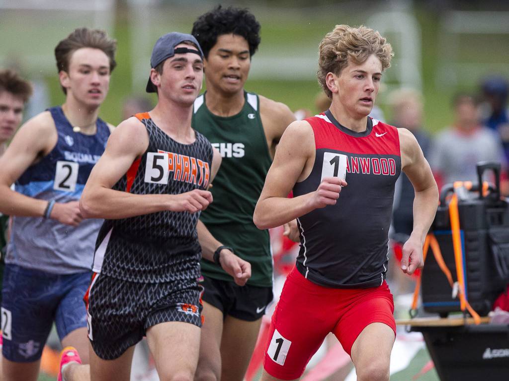 Stanwoods Ryan Khoury runs in the boys 800 meters during the Eason Invitational at Snohomish High School on Saturday, April 20, 2024 in Snohomish, Washington. (Olivia Vanni / The Herald)