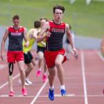 The anchor for the Stanwoods boys 1,600-meter relay runs during the Eason Invitational at Snohomish High School on Saturday, April 20, 2024 in Snohomish, Washington. (Olivia Vanni / The Herald)