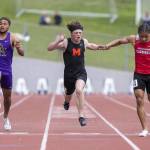 Monroes Mason Davis runs in the boys 100 meters during the Eason Invitational at Snohomish High School on Saturday, April 20, 2024 in Snohomish, Washington. Davis placed third with a time of 10.68 seconds. (Olivia Vanni / The Herald)