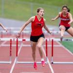 Mountlake Terraces Brynlee Dubiel reacts to her time after crossing the finish line in the girls 300-meter hurdles during the Eason Invitational at Snohomish High School on Saturday, April 20, 2024 in Snohomish, Washington. Dubiel placed fourth with a time of 46.85 seconds. (Olivia Vanni / The Herald)
