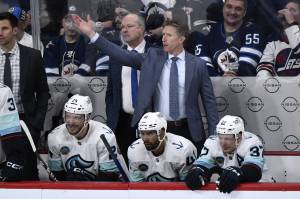 Seattle Kraken coach Dave Hakstols status remains in question after the team missed the playoffs. (Fred Greenslade/The Canadian Press via AP)