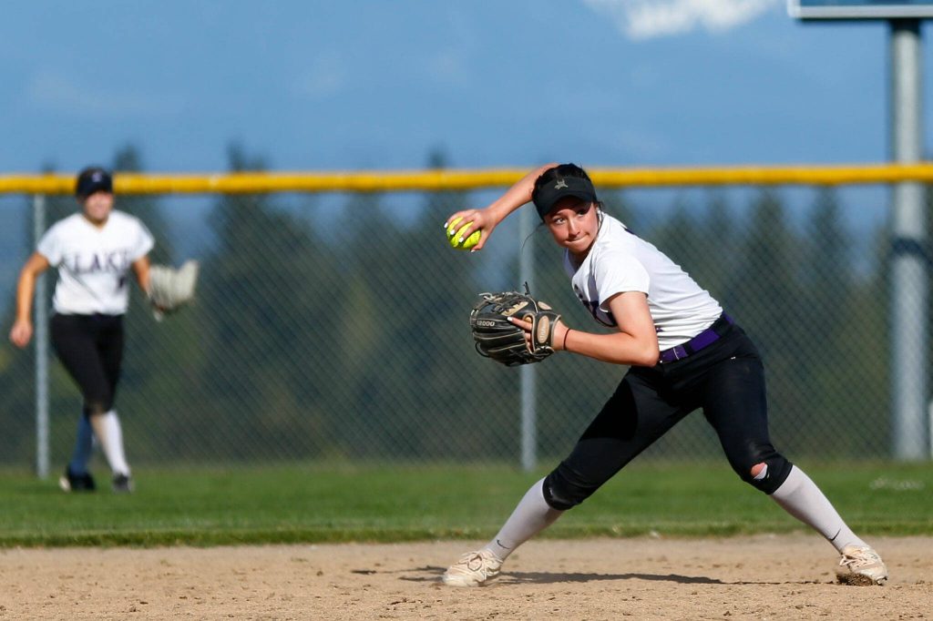 Lake Stevens Haylee Kim throws out a runner from short against Glacier Peak on Tuesday, April 23, 2024, at Glacier Peak High School in Snohomish, Washington. (Ryan Berry / The Herald)