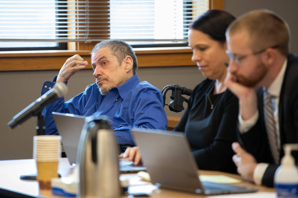 Alan Edward Dean, convicted of the 1993 murder of Melissa Lee, appears in the courtroom alongside his defense during his sentencing Wednesday, April 24, 2024, at Snohomish County Superior Court in Everett, Washington. (Ryan Berry / The Herald)