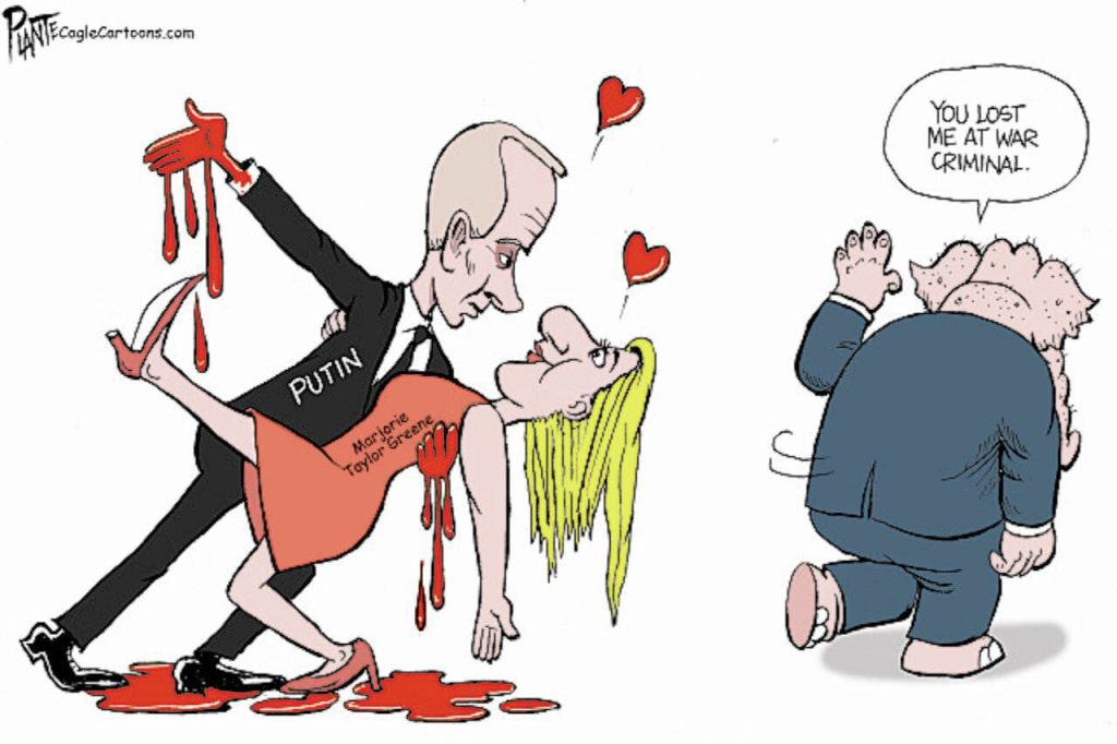 Marjorie and Putin, dancing, bloody, Rep, Marjorie Taylor Greene, Russian President Vladimir Putin, Russia, Ukraine, War, NATO, EU, Europe, GOP, dumped her, GOP, embarrassed, RNC, Republican Party, disowned, Moscow Marjorie