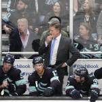FILE - Seattle Kraken head coach Dave Hakstol looks on from the bench against the Colorado Avalanche during the third period of Game 4 of an NHL hockey Stanley Cup first-round playoff series Monday, April 24, 2023, in Seattle. The Seattle Kraken fired coach Dave Hakstol on Monday, April 29, 2024, after the third-year franchise took a significant step back following a playoff appearance in their second season.(AP Photo/Lindsey Wasson, File)