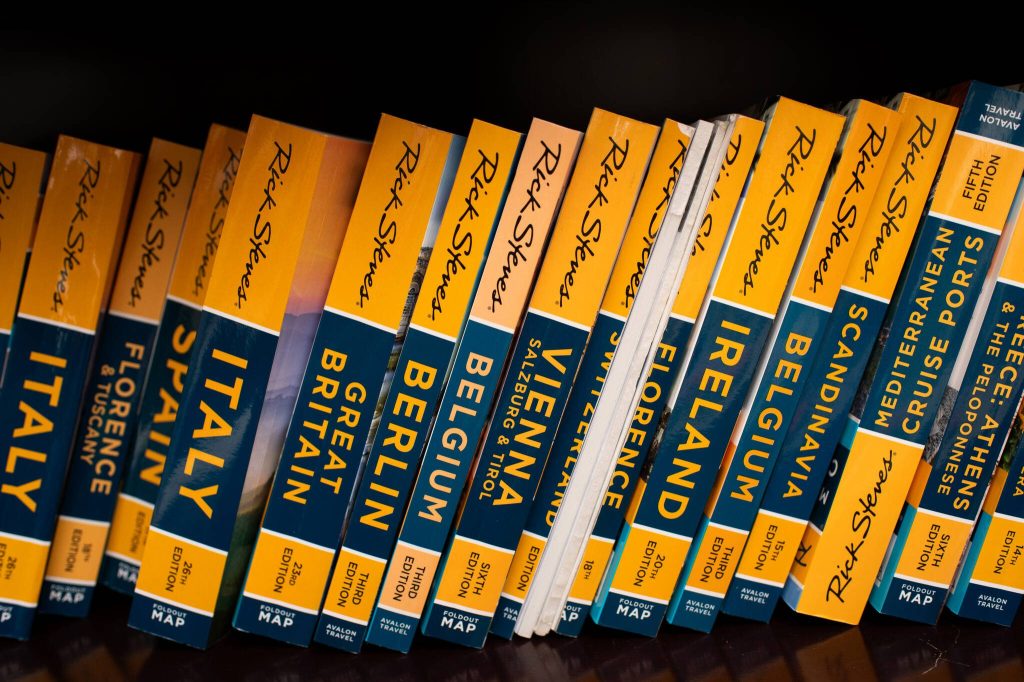 Steves is the author of dozens of popular tourism guidebooks, copies of which line a bookshelf in his home. (Daniel Berman for The Washington Post)