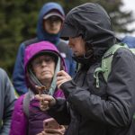 Brittany Ater finds a mushroom during a Whidbey Wild Mushroom Tour at Saratoga Woods County Park on Saturday, April 27, 2024 in Langley, Washington. (Annie Barker / The Herald)