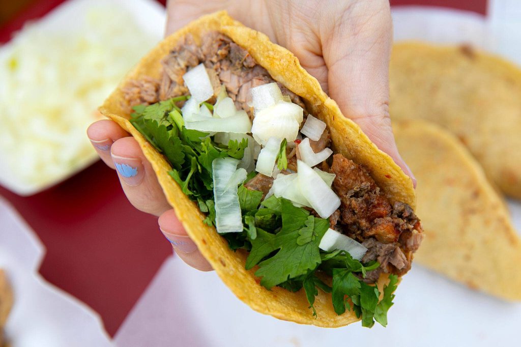 A pit-roasted lamb taco from Barbacoa Judiths at the Hidden Gems Weekend Market on Sunday, April 28, 2024, at Boom City in Tulalip, Washington. (Ryan Berry / The Herald)