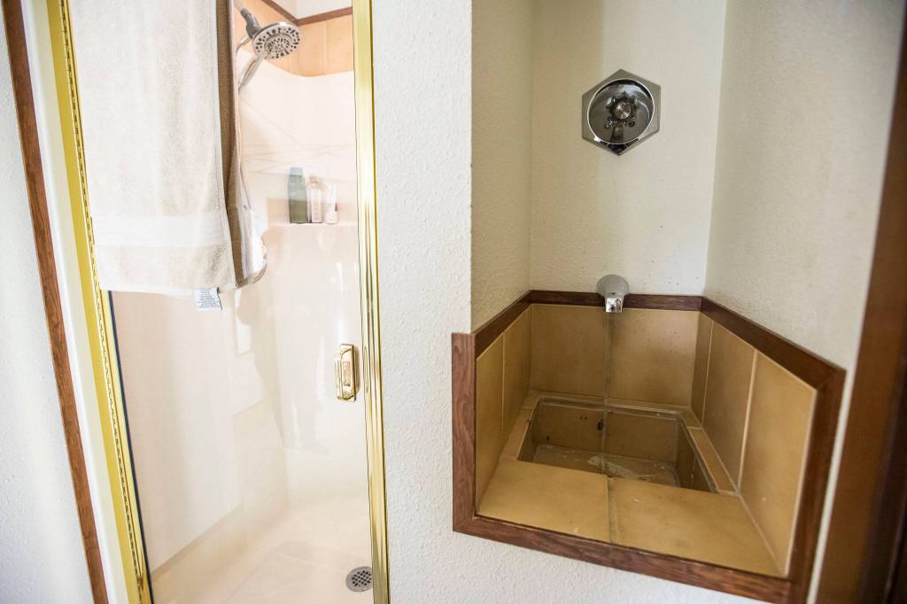 A small shower and a cat bath located in a basement bathroom. A previous owner had many cats. (Olivia Vanni / The Herald)