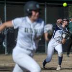 Meadowdale’s Jaeden Sajec (8) throws the ball during a softball game between Meadowdale and Marysville Getchell on Wednesday, May 1, 2024 in Marysville, Washington. Meadowdale won, 12-9. (Annie Barker / The Herald)