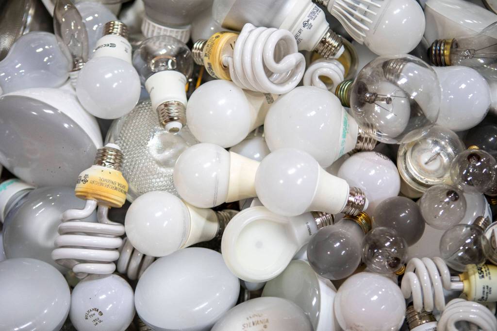 Recycled lightbulbs at the Ridwell headquarters in Seattle, Washington on May 6, 2024. (Annie Barker / The Herald)