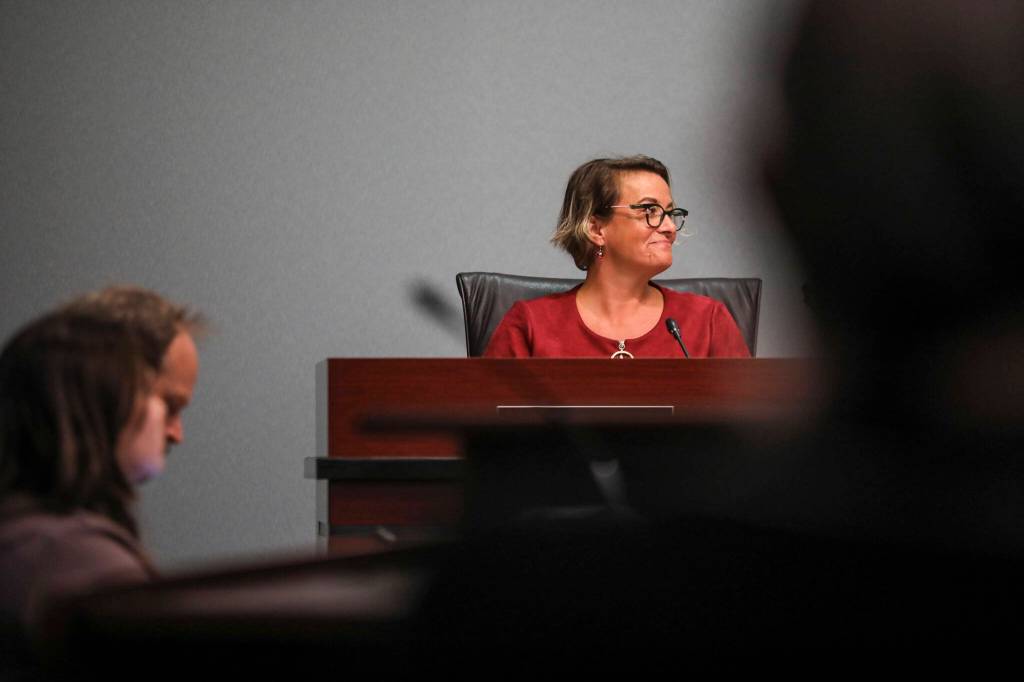 Everett Mayor Cassie Franklin gives an address to the city council of her proposed 2024 budget at the Everett Police Department North Precinct in Everett, Washington on Wednesday, Sept. 20, 2023. (Annie Barker / The Herald)