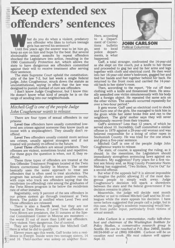 Herald political columnist John Carlson writes about Mitchell Gaffs potential release on Aug. 30, 1995.