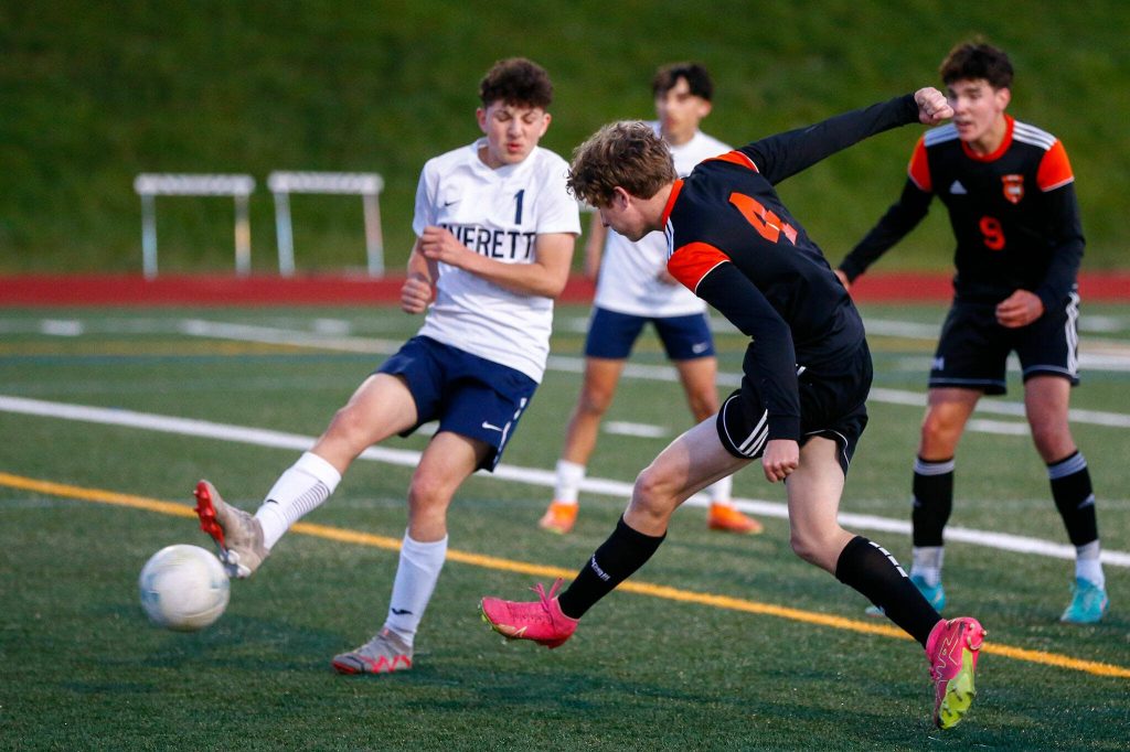 Monroes Gavin Nolan scores the first goal of the contest during a 3A District soccer match against Everett on Thursday, May 2, 2024, at Monroe High School in Monroe, Washington. (Ryan Berry / The Herald)