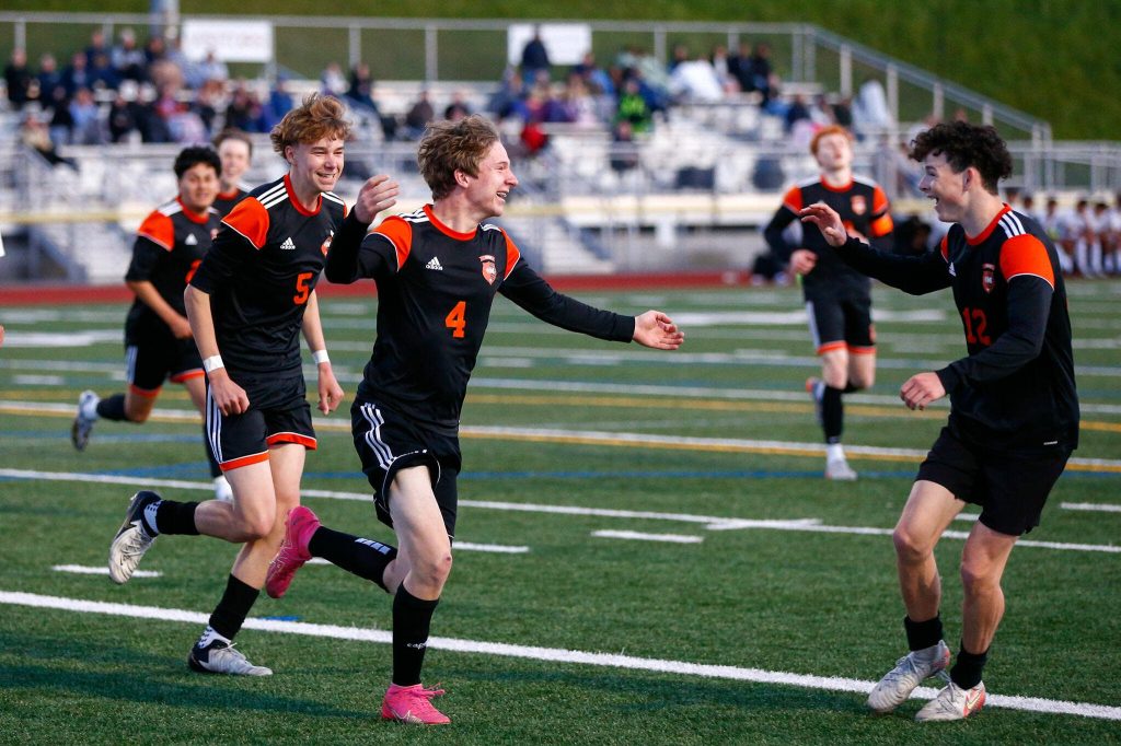 Monroes Gavin Nolan celebrates a goal during a 3A District soccer match against Everett on Thursday, May 2, 2024, at Monroe High School in Monroe, Washington. (Ryan Berry / The Herald)
